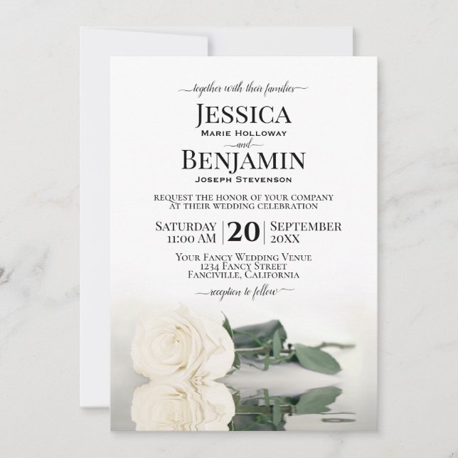 Invitación Boda elegante de la Rosa Blanca de Estela Larga (Anverso)