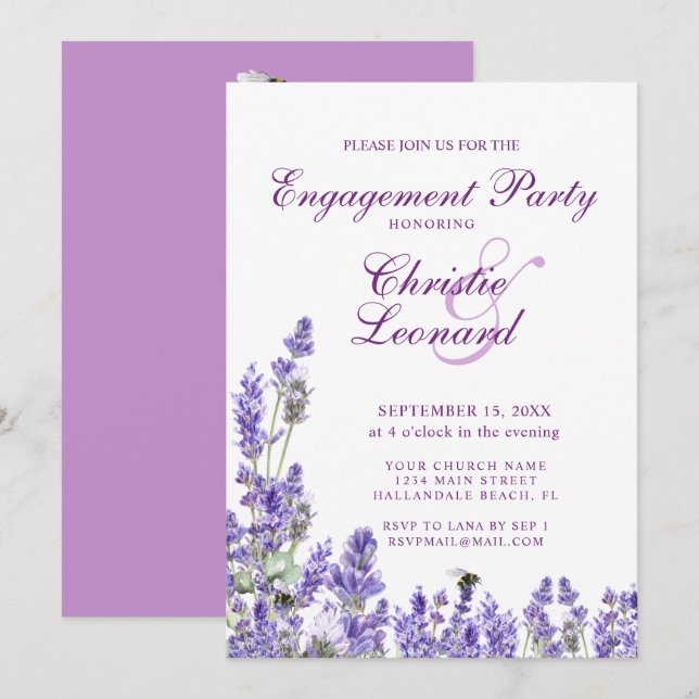Invitación Boda elegante de las flores moradas de lavanda (Anverso / Reverso)