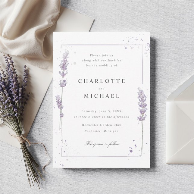 Invitación Boda elegante de lavanda acuarela (Elegant lavender wedding invitation with watercolor lavenders)