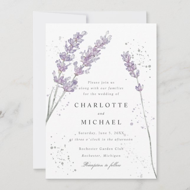Invitación Boda elegante de lavanda acuarela (Anverso)