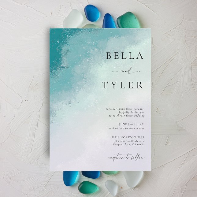 Invitación Boda elegante de lavanda Verde azulada de vidrio m (coastal wedding invitation sea glass teal blue lavender purple modern ocean beach elegant classic)