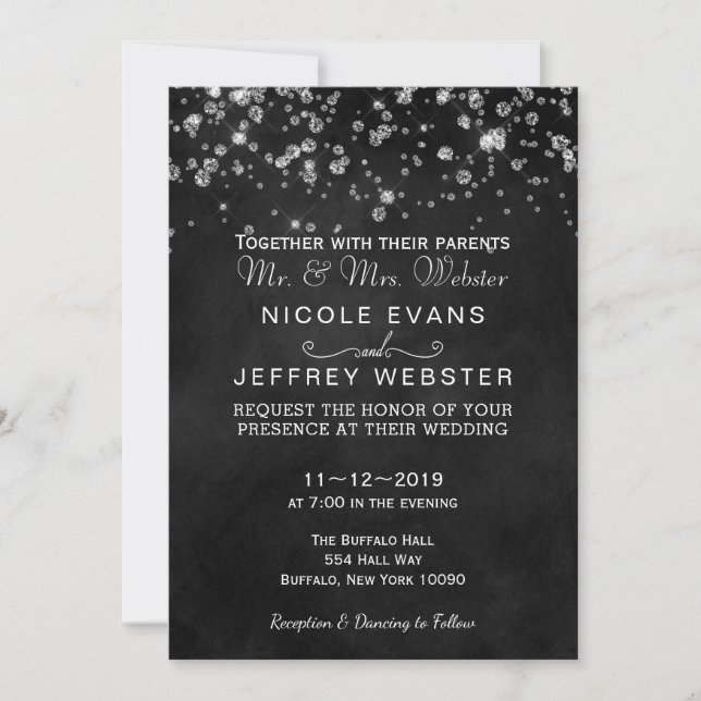 Invitación Boda elegante de los diamantes negros rústicos de (Anverso)