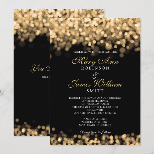 Invitación Boda Elegante De Luces De Oro (Anverso / Reverso)