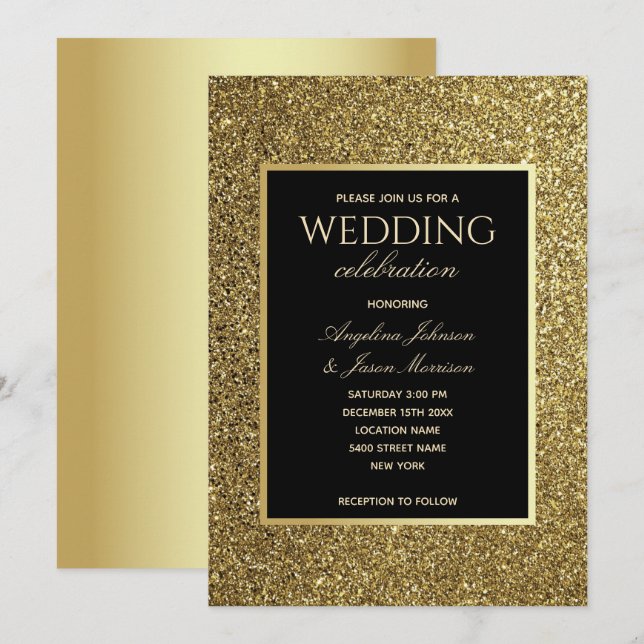 Invitación Boda elegante de lujo negro y oro (Anverso / Reverso)