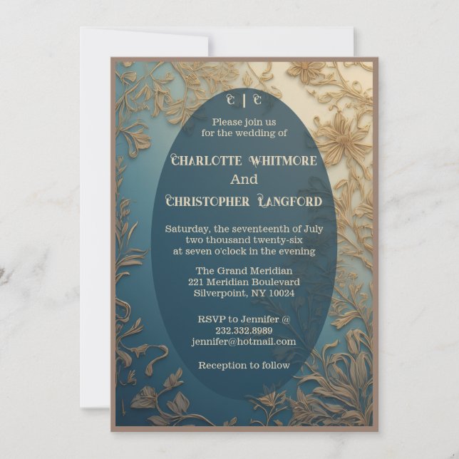 Invitación Boda Elegante de Lujo Verde Flores Vides de Oro (Anverso)