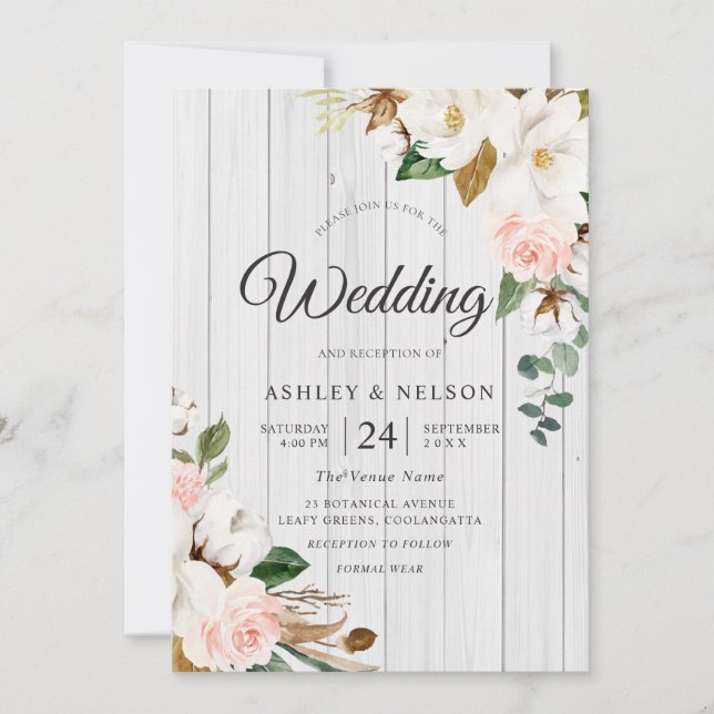 Invitación Boda Elegante de Madera Blanca y Flores Blancas Ru (Anverso)