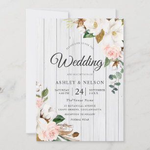 Invitación Boda Elegante de Madera Blanca y Flores Blancas Ru