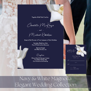 Invitación Boda elegante de magnolia azul marino y blanco