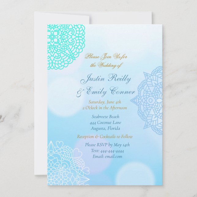 Invitación Boda elegante de Mandala azul, Verde azulada y bla (Anverso)