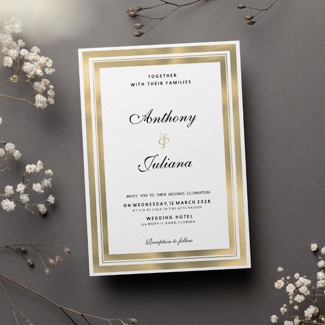 Invitación Boda elegante de marco geométrico dorado blanco de (Luxury white gold geometric frame elegant Wedding)