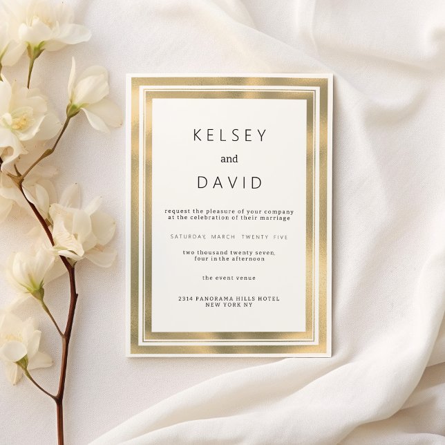Invitación Boda elegante de marco geométrico dorado Glam blan (Glam white gold geometric frame elegant wedding)