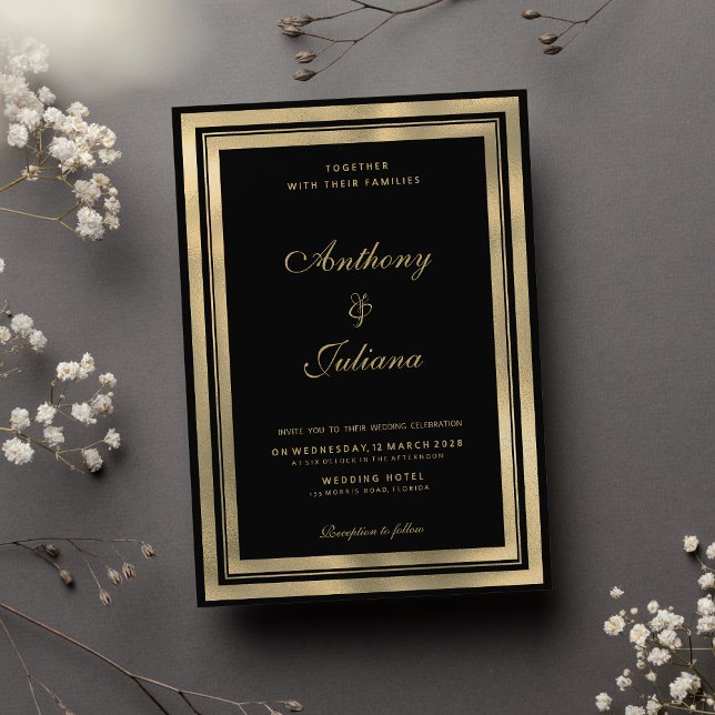 Invitación Boda elegante de marco geométrico dorado negro de  (Luxury black gold geometric frame elegant Wedding )