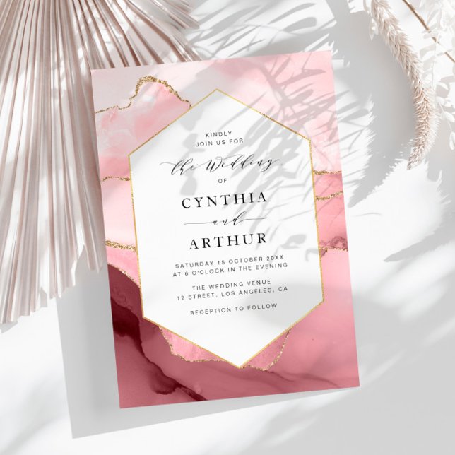 Invitación boda elegante de marco rosa y agitar dorado (Subido por el creador)