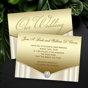 Invitación Boda Elegante de Marfil y Oro con Remolino de Diam