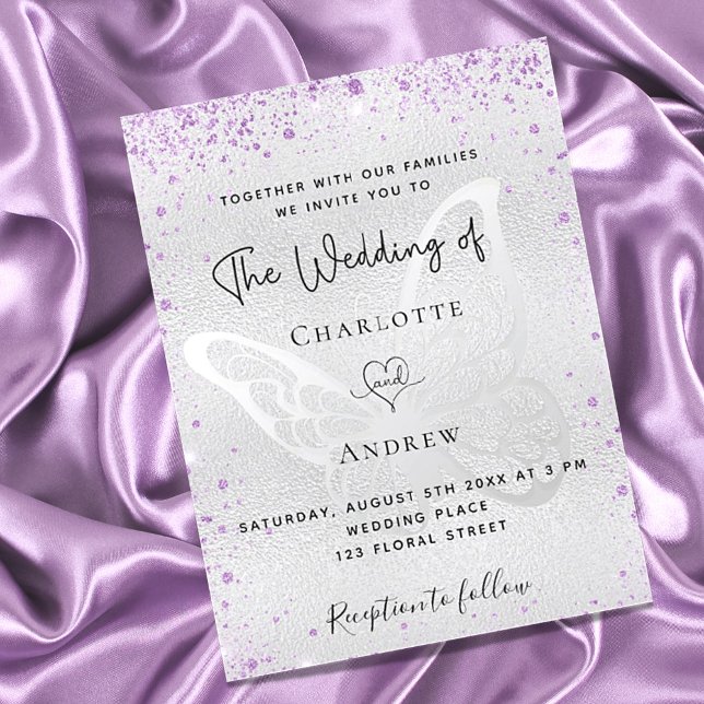 Invitación Boda elegante de mariposa morada de plata (Subido por el creador)