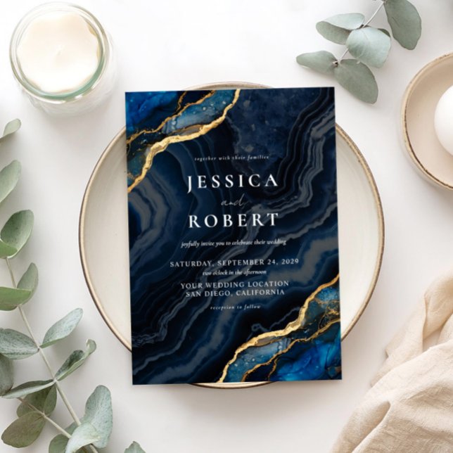 Invitación Boda elegante de mármol azul de la marina (Subido por el creador)