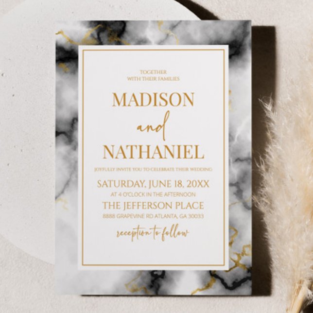 Invitación Boda elegante de mármol blanco de oro negro (Subido por el creador)