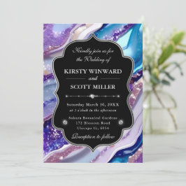 Invitación Boda elegante de mármol con brillo azul púrpura