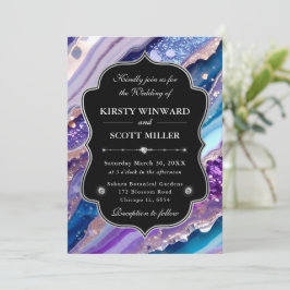 Invitación Boda elegante de mármol con brillo azul púrpura