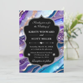 Invitación Boda elegante de mármol con brillo azul púrpura