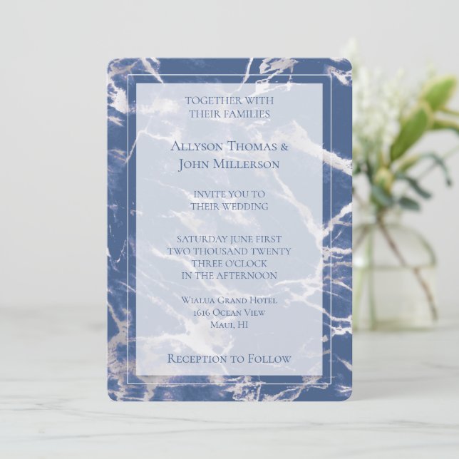 Invitación Boda elegante de mármol de plata azul (Anverso de pie)