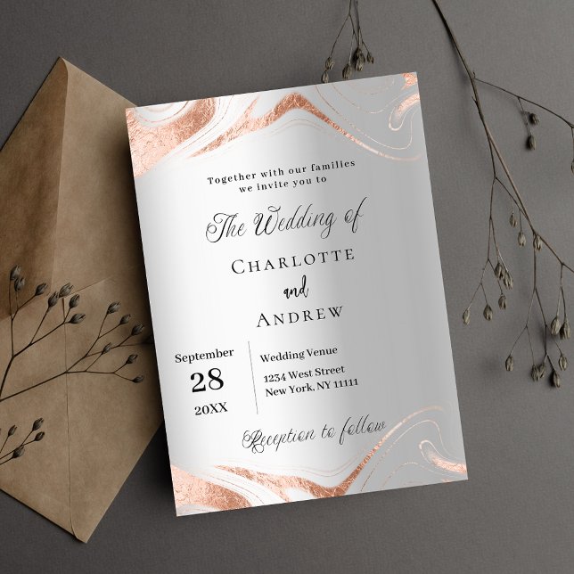 Invitación Boda elegante de mármol dorado rosa plateado (Subido por el creador)