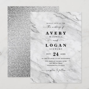 Invitación Boda elegante de mármol y brillo blanco y plata