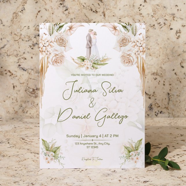 Invitación Boda elegante de Moda floral estética beige blanca (Subido por el creador)