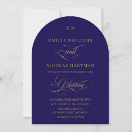 Invitación Boda elegante de monograma azul oscuro y oro