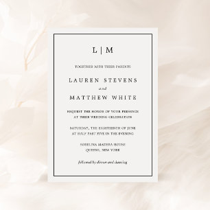 Invitación Boda elegante de monograma blanco y negro Lauren