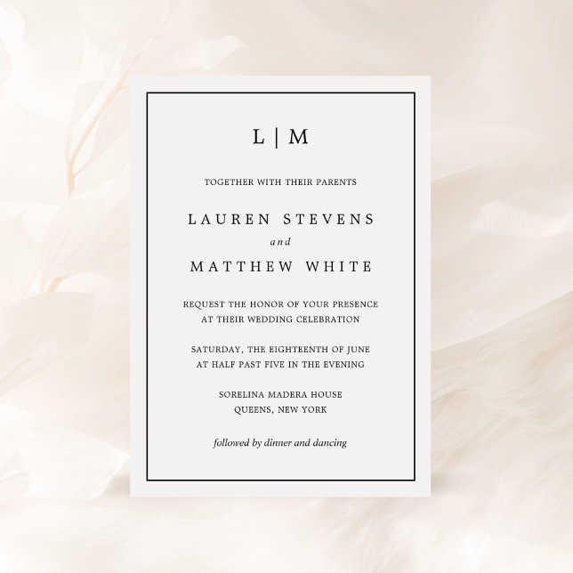 Invitación Boda elegante de monograma blanco y negro Lauren (Subido por el creador)