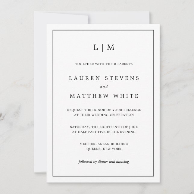 Invitación Boda elegante de monograma blanco y negro Lauren (Anverso)