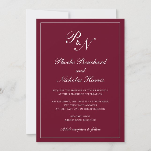 Invitación Boda elegante de monograma burdeos formal (Anverso)