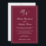 Invitación Boda elegante de monograma burdeos formal<br><div class="desc">Invitación a bodas burdeos de estilo tradicional con un diseño sencillo y clásico con su monograma inicial y sus nombres en una caligrafía elegante dentro de un delgado borde. Todos los elementos de diseño se pueden cambiar en la herramienta de edición de diseño. Estas elegantes invitaciones nupciales son perfectas para...</div>