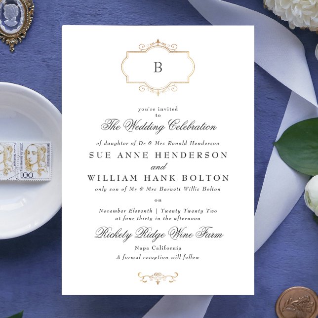 Invitación boda elegante de monograma clásico de oro (Subido por el creador)