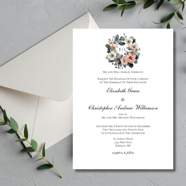 Invitación Boda elegante de monograma floral verde rosado (Watercolor Pink Sage Green Florals Monogram Wreath Crest Wedding Invitation. Elegant Traditional )