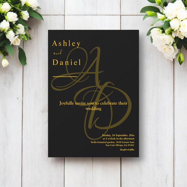 Invitación Boda Elegante De Monograma Mínimo Negro Y Oro (Subido por el creador)