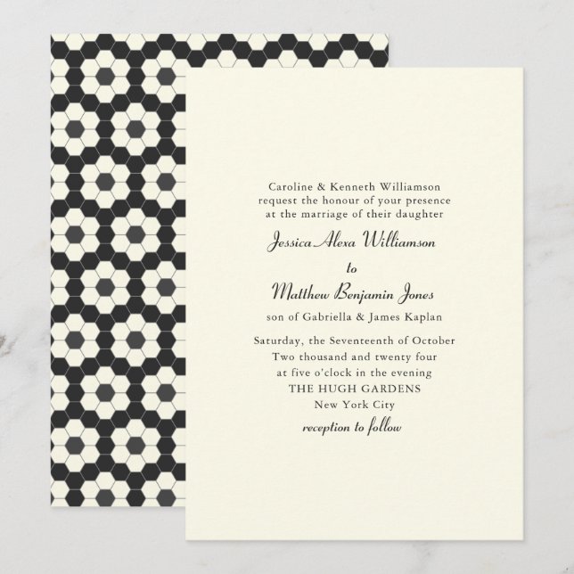 Invitación Boda elegante de mosaico geométrico negro retro (Anverso / Reverso)