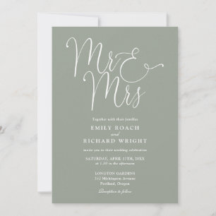 Invitación Boda elegante de Mr y Mrs con guión en verde salvi