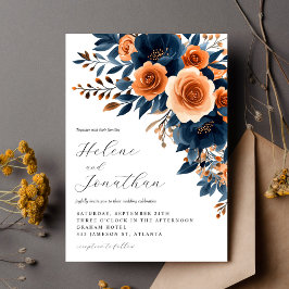 Invitación Boda elegante de Naranja quemada por la Marina Blu