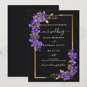 Invitación Boda elegante de negro y dorado con violetas púrpu