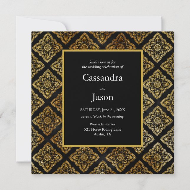 Invitación Boda elegante de negro y oro (Anverso)