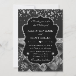 Invitación Boda elegante de negro y plata con diamantes