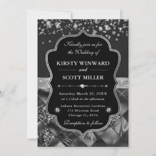 Invitación Boda elegante de negro y plata con diamantes