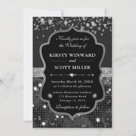 Invitación Boda elegante de negro y plata con diamantes