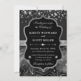 Invitación Boda elegante de negro y plata con diamantes