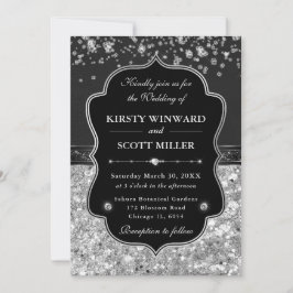 Invitación Boda elegante de negro y plata con diamantes