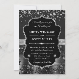 Invitación Boda elegante de negro y plata con diamantes