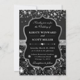Invitación Boda elegante de negro y plata con diamantes