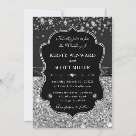 Invitación Boda elegante de negro y plata con diamantes